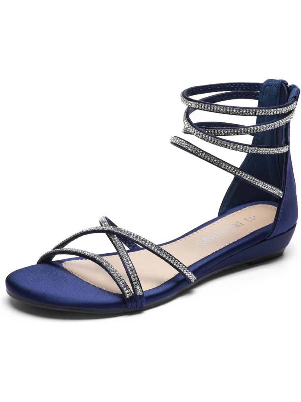 Women's Navy Rhinestones Gladiator Flat Sandals Ankle Strap Comfortable Zip